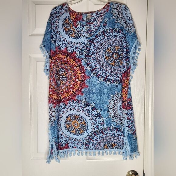 Yincro 8 Blue Multicolored Mandala Print Coverup Swimsuit V-neck Women's Top - Picture 2 of 10